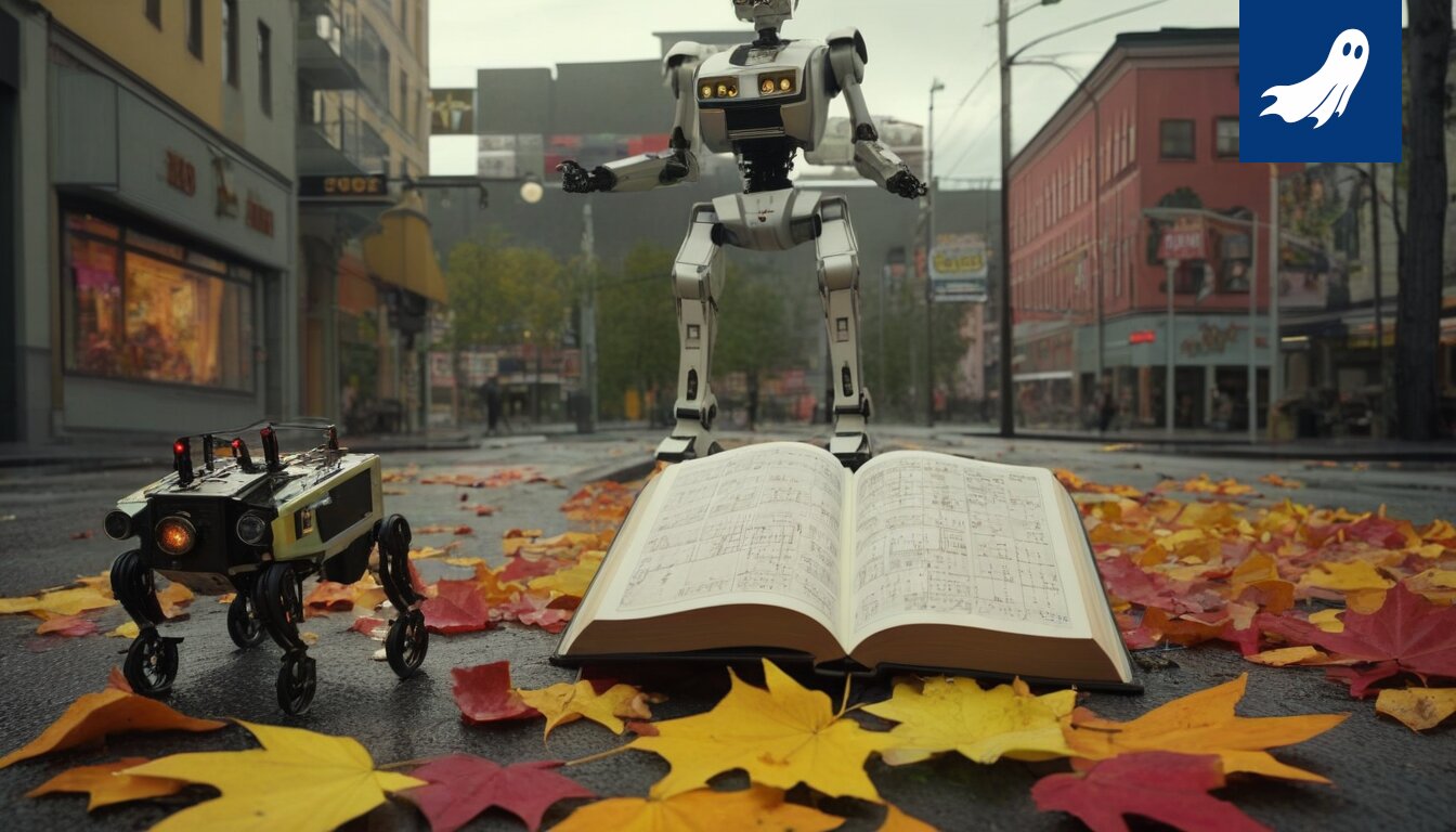 Sarjakuvamainen kuva Tampereen kaupungintalosta, jossa robotit käyvät kauppaa musikaalien osakkeilla.