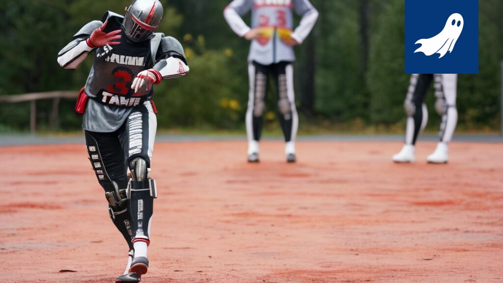 Robottikopari pesäpallokentällä, symboloiden urheilun ja teknologian outoa yhdistelmää.