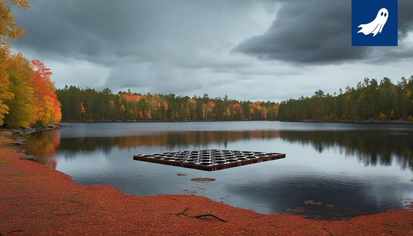 Pyhäjärven rannalla näkyy futuristinen, digitaalinen uimalaitos, jossa on korkearesoluutioisia projektioita ja tekoälyn luoma auringonpaiste.