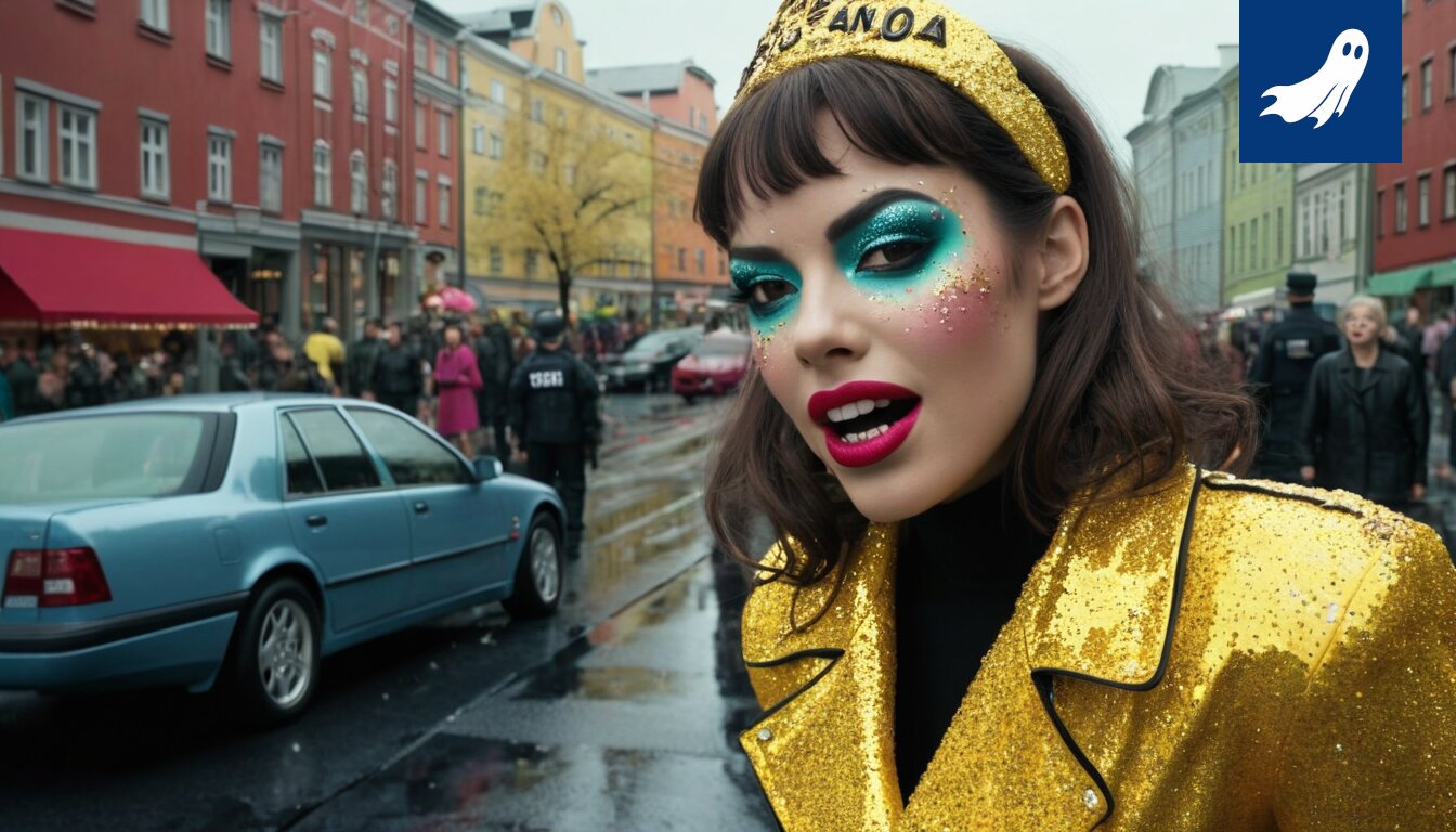 Kimaltelevat pyörätiet ja meikistä ylikuormittunut Tampereen Hämeenkatu kuvaavat absurdia meikkihulluutta.