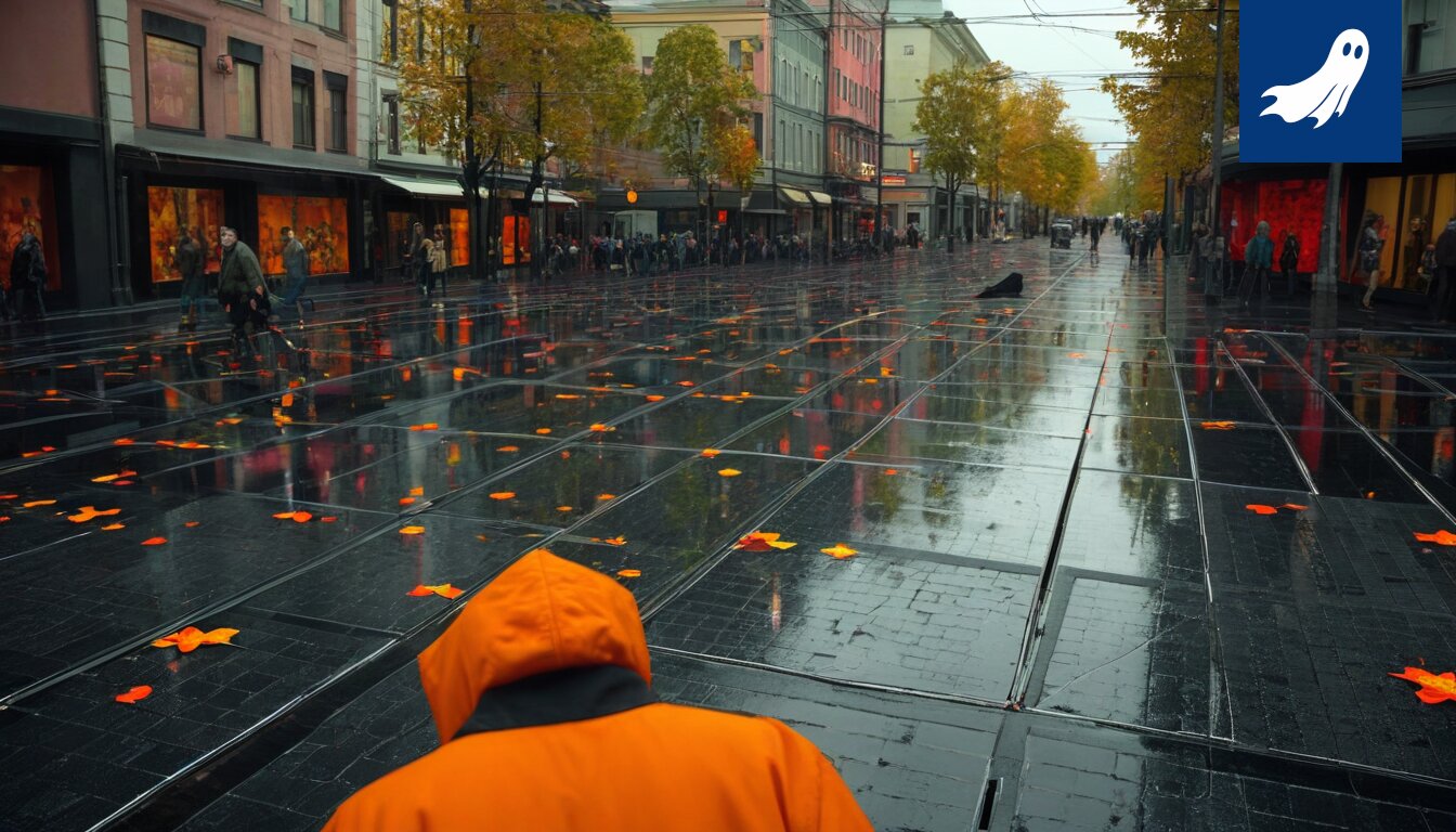 Sarjakuvamainen kuva Tampereen ratikasta, joka "hienosäätää" jalankulkijan reittiä.