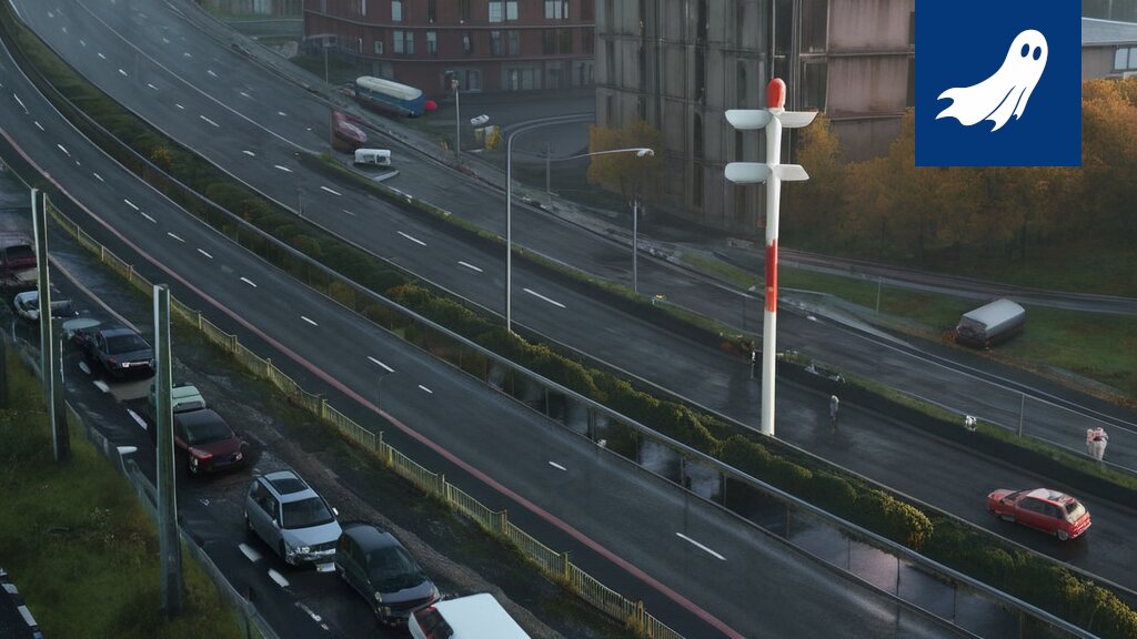 Robocopin kuvitus, joka symboloi tiukentuvaa liikennetarkkailua Tampereen Kolmostiellä.