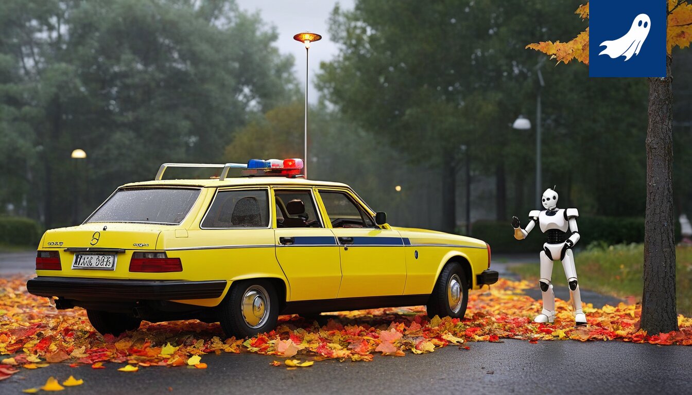 Pysäköintirobotti Sami Hurinki takavarikoi poliisiauton Pyynikissä, satiirinen uutiskuva.