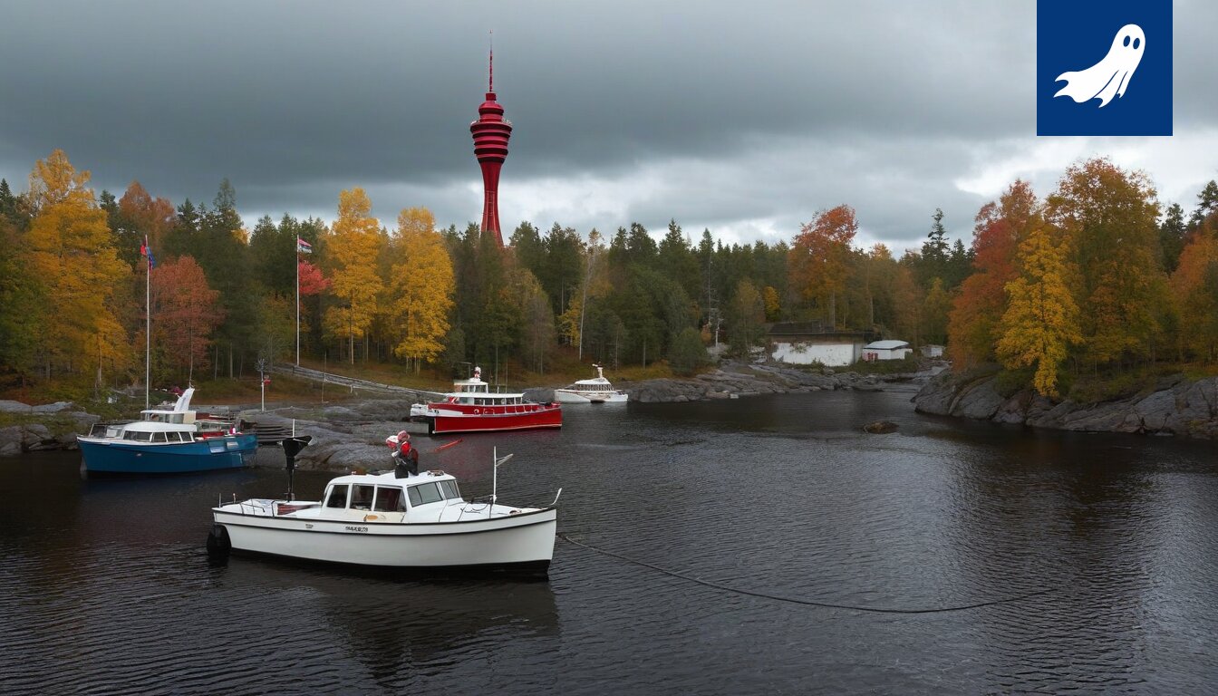 Sininen ja musta maalattu hylätty vene, jonka kyljessä digitaalinen mainostaulu, kelluu Tampereen vesillä.