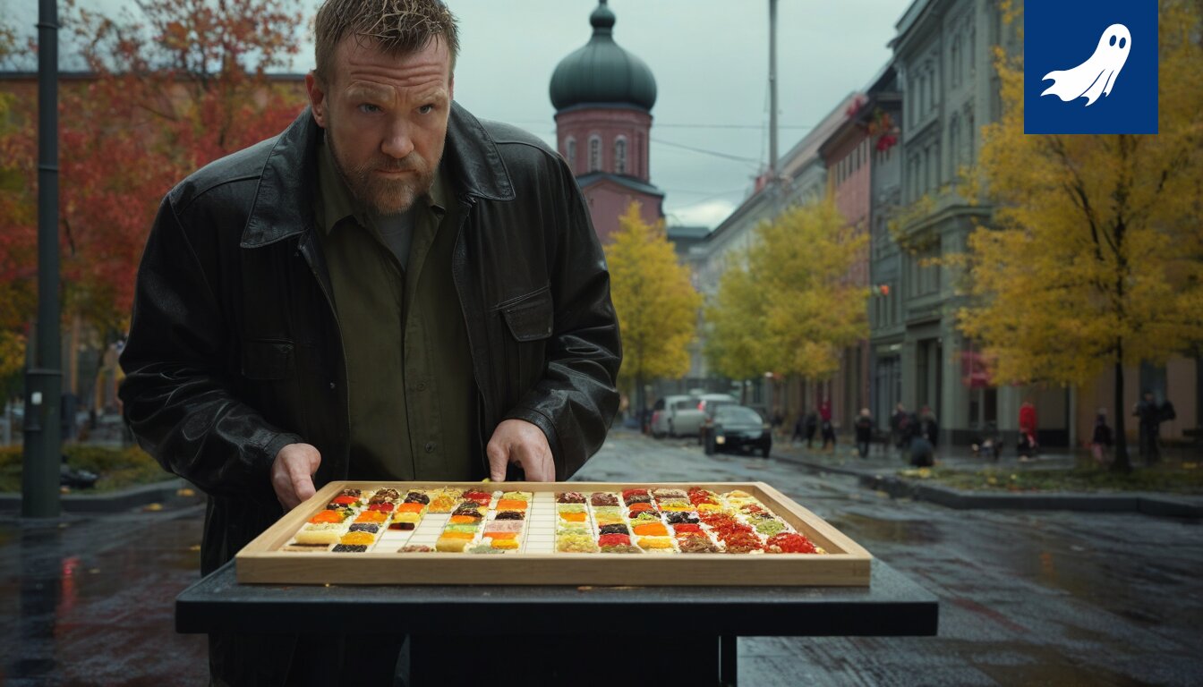 Sarjakuvamainen kuva Tampereen keskustasta, jossa ravintolat kasvavat hallitsemattomasti ja ihmiset syövät jatkuvasti.