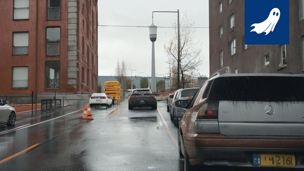 Sarjakuvamainen kuva Robocopista ohjaamassa liikennettä Tampereen Ranta-Tampellan risteyksessä, jossa näkyy sekasortoinen liikenne ja vihaisia ihmisiä.