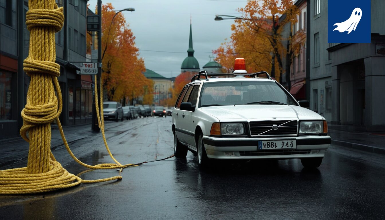Kuva Tampereen liikennekaaoksesta, jossa autoja on sidottu paaluihin, symboloiden kaupungin kaoottista tilannetta.