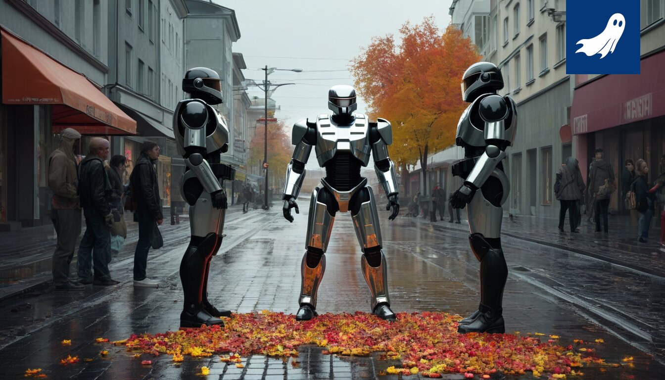 Metallinen Robocop-partioauto Tohlopin yössä, valmiina valvomaan bileiden äänenvoimakkuutta ja keräämään asunnon osia.