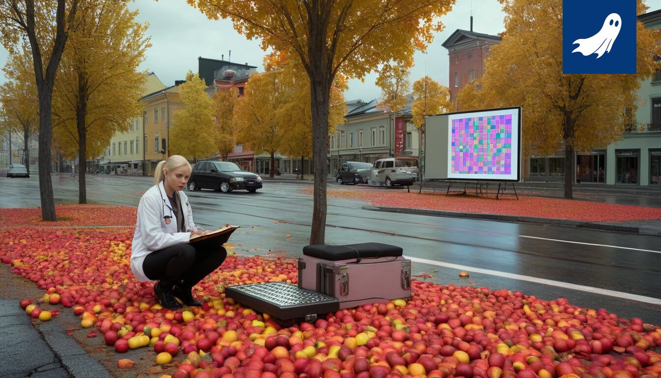 Satiirinen kuva Pälkäneen istumalihasmatkustuksen kehittäjistä ja Kirsikka Otsamosta, joka kerää dataa istumisen optimoimiseksi.