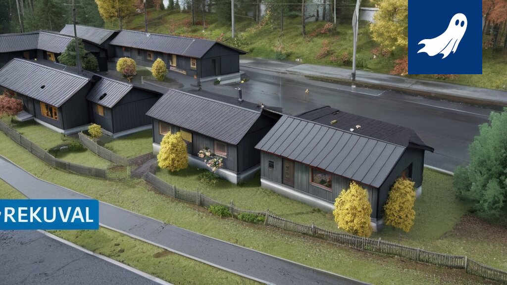 Kuva Ylöjärven moderneista rivitaloista, joissa näkyy futuristinen robotti avustamassa asukasta.