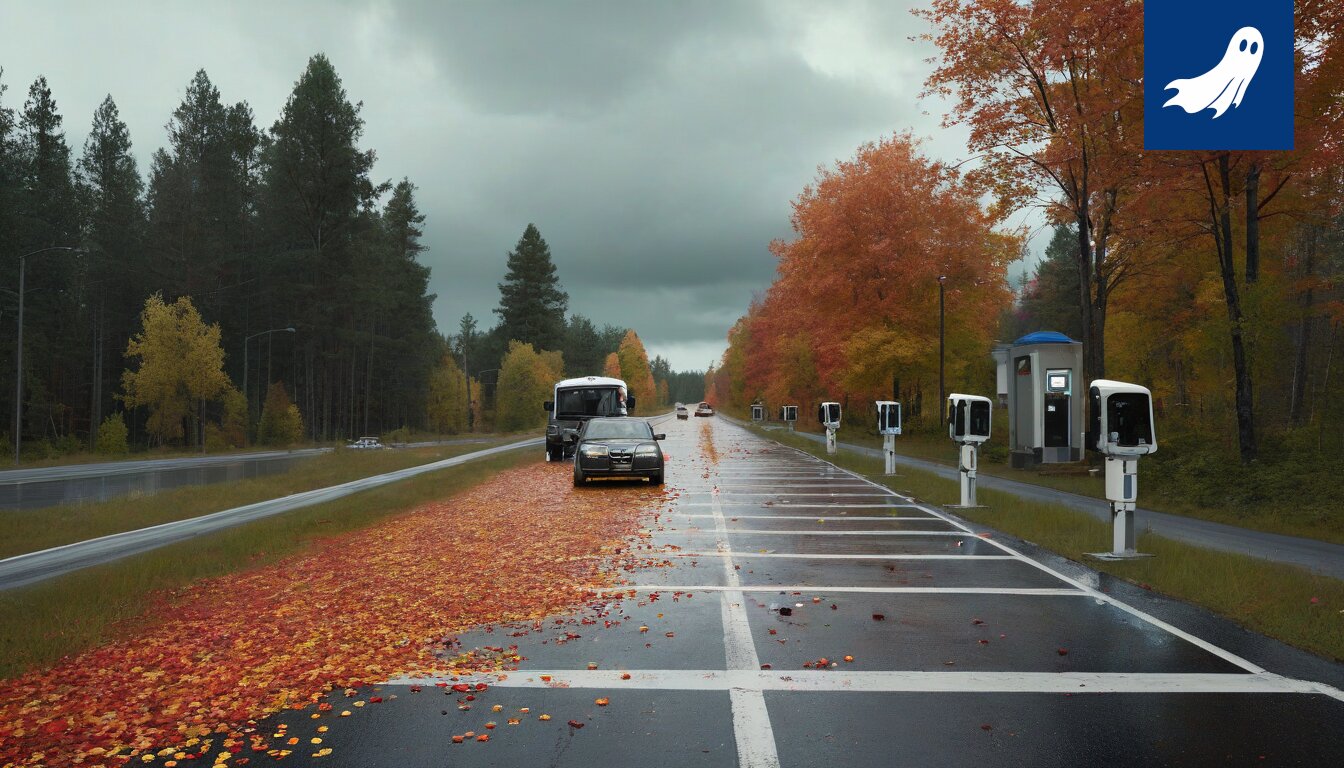 Kuva ojaan ajautuneesta autosta Sastamalan tiellä 11, jonka ympärillä on robottipoliisien pystyttämiä maksullisia esteitä.