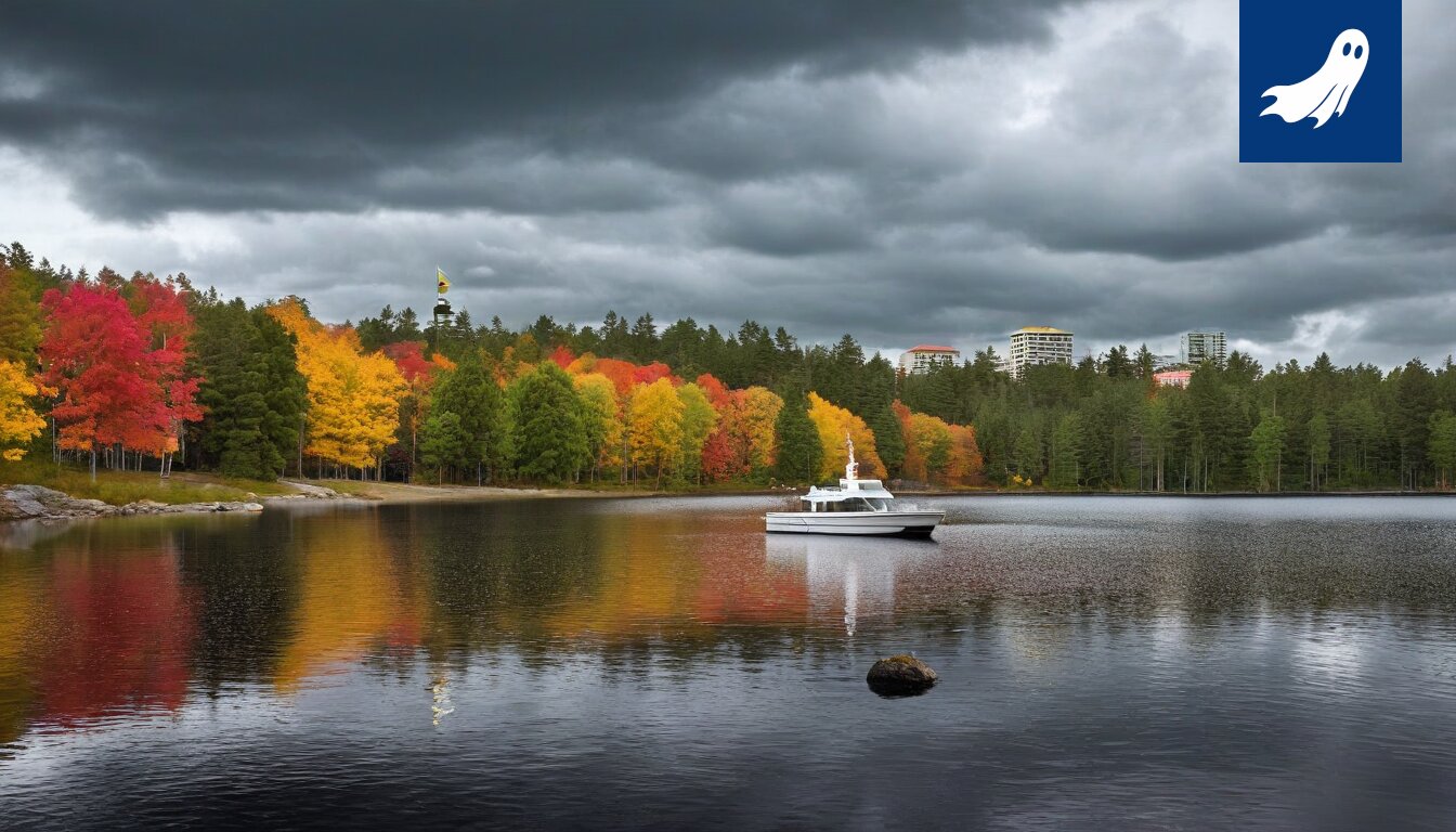Näsijärvellä kelluvat luksushuvilat, joita ympäröi vesi ja kaupungin siluetti.