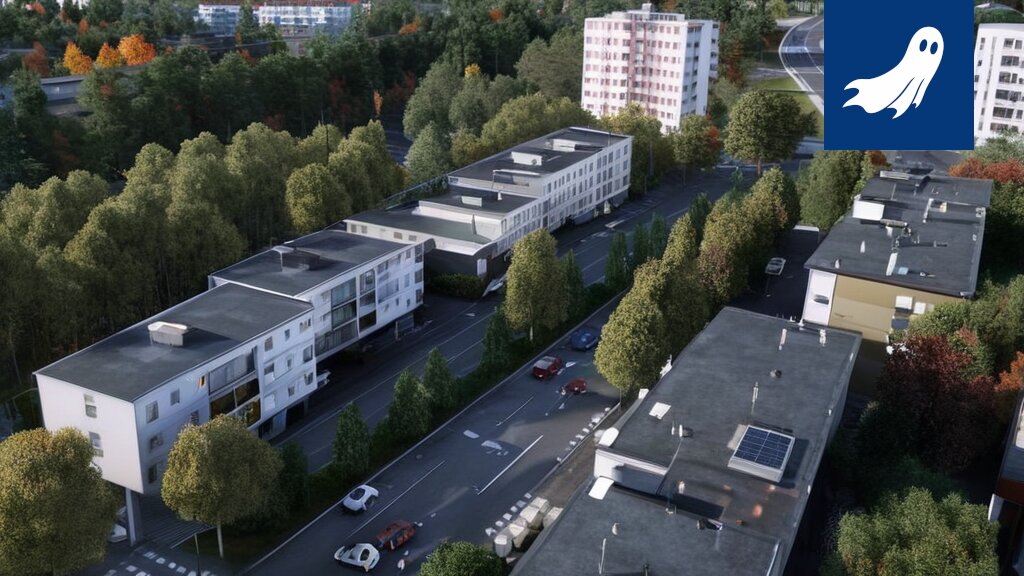 Futuristinen näkymä Tampereen Amurin alueesta, jossa yhdistyvät korkea teknologia ja varjostimet.