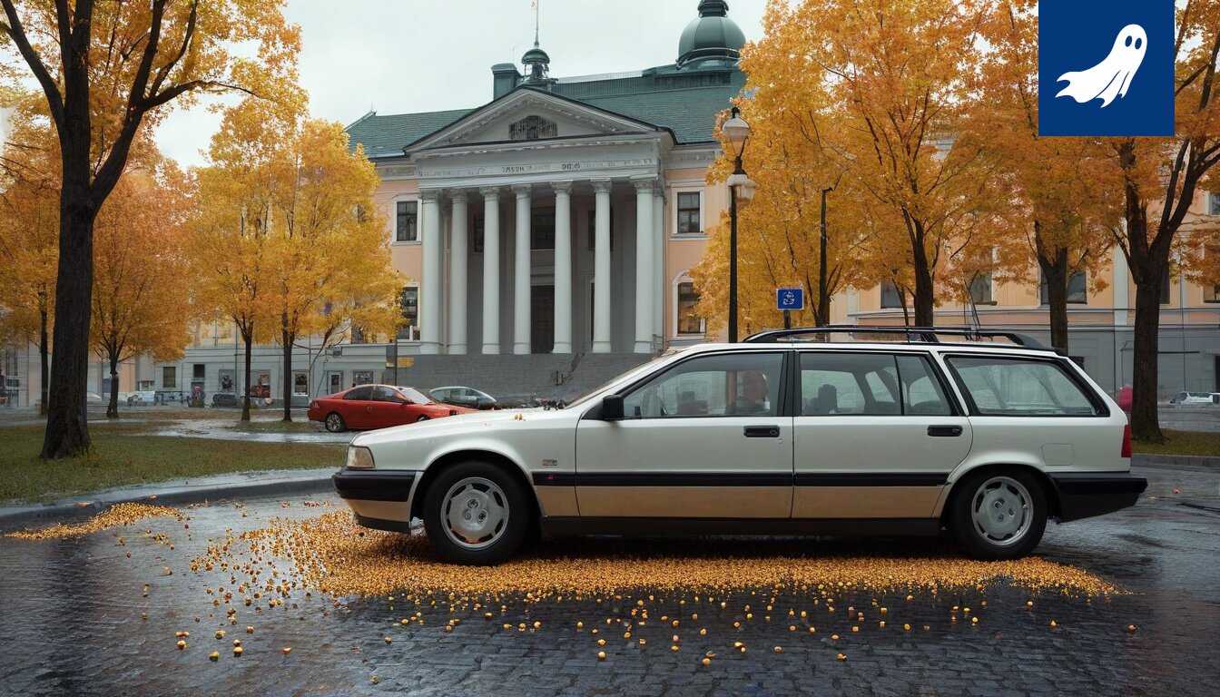 Sarjakuvamainen kuva Tampereen kaupungintalosta, jonka edessä leijuu NFT-tokeni, symboloiden parkkisakkojen muuntamista digitaalisiksi sijoituksiksi.
