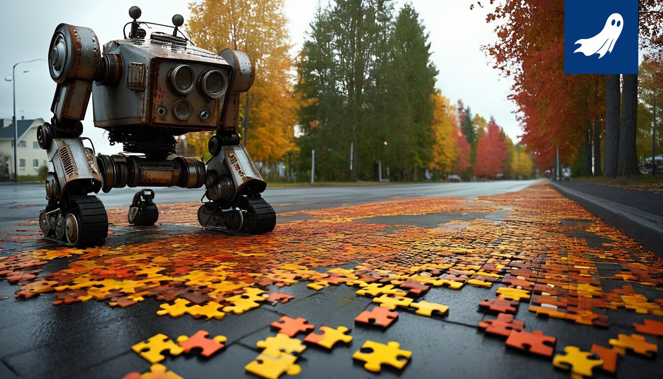 Robottien kokoontuminen Lojerin tehtaalla Sastamalassa, kuva satiirisesta uutisesta.