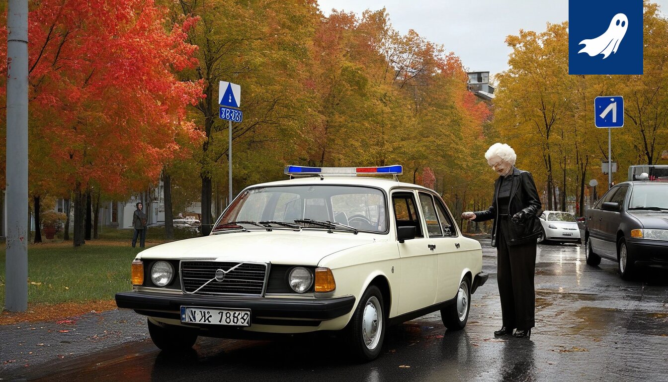 Kromattu Robocop partioi Tampereen kaduilla etsien nastarenkaita varustettuja autoja.