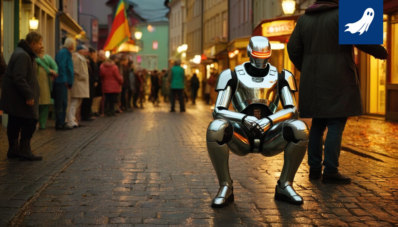 Ihmiset tekemässä kyykkyjä robottien valvonnassa Tampereen katukuvassa.