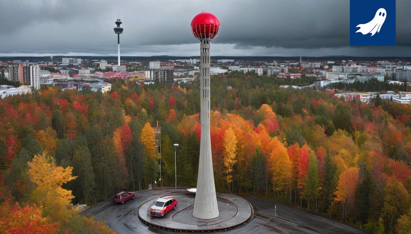 Hämeenpuiston pyörätie Tampereella, jossa Näsinneula taustalla, vihjaten salamyhkäiseen valvontaan.
