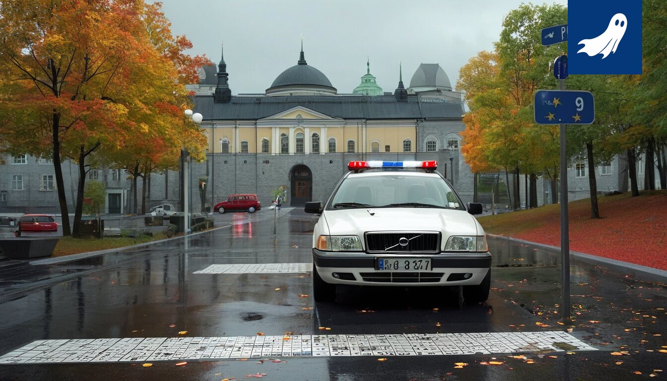 Li Anderssonin kasvonilmeiden analyysi yhdistettynä Turun kirjaston punaisiin kierreportaisiin, satiirinen kuva.