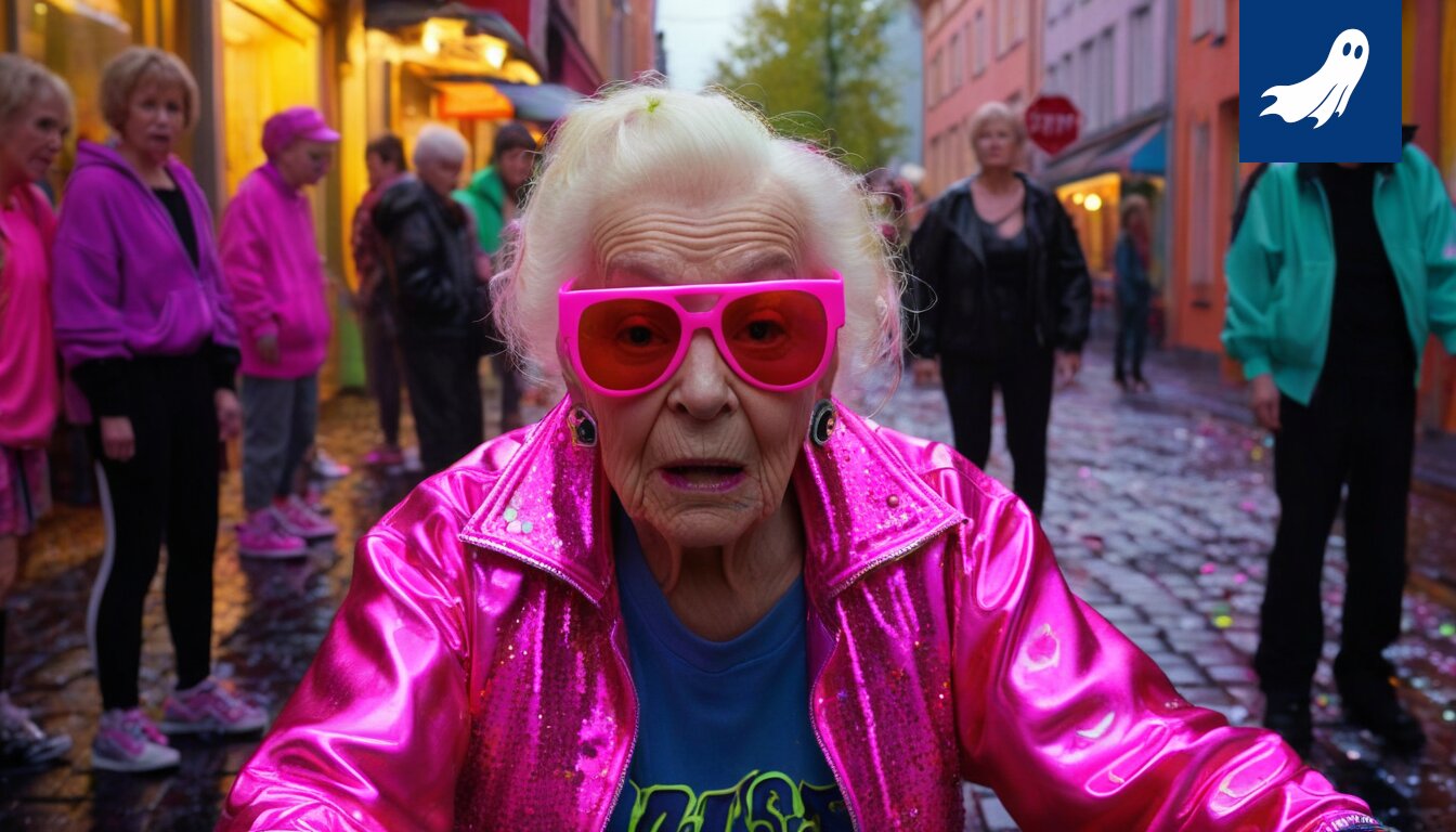 Neonväreissä tanssivia eläkeläisiä Tampereen keskustassa, osa "Värikylläistä Vallankumousta".