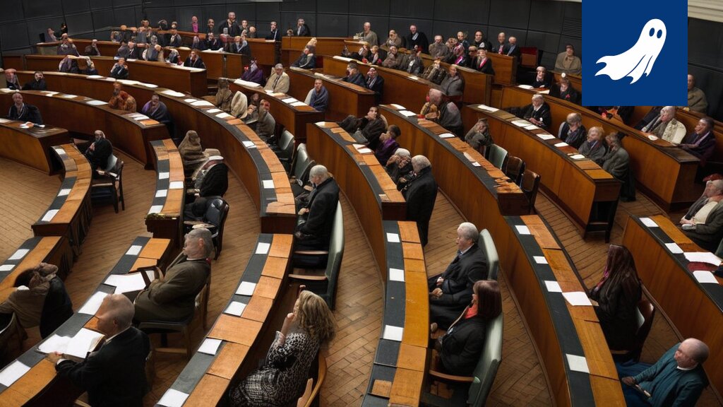 Sarjakuvamainen kuva eduskuntarakennuksesta, joka muuttuu digitaaliseksi metaversumi-ympäristöksi.