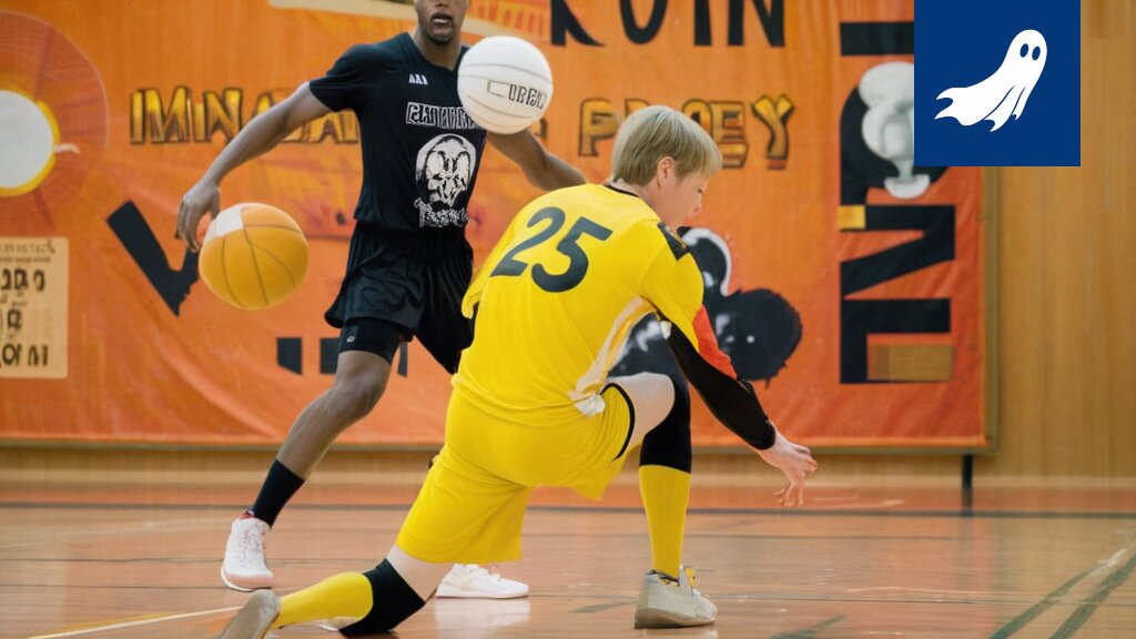 Futsalpelaajien robottikopiot pelaamassa ottelua, taustalla pörssikurssien nousukäyrä.