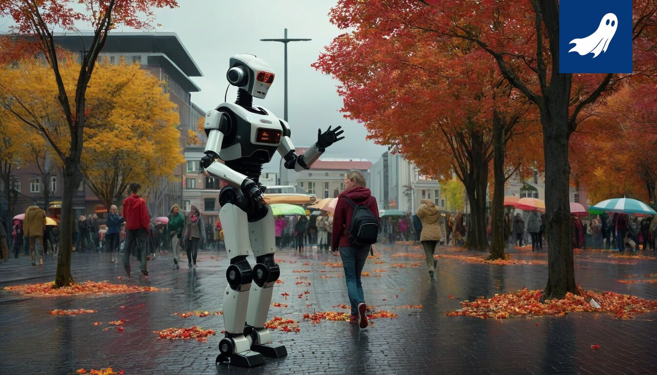 Sarjakuvamainen kuva roboteista ja romaneista, jotka symboloivat kulttuurin ja teknologian kohtaamista ja sen mahdollista kaupallistamista.