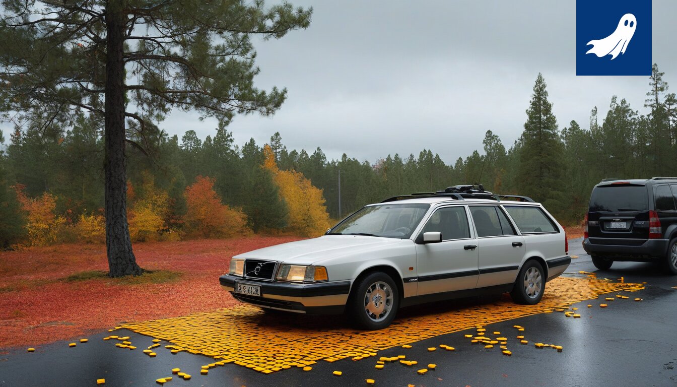 Vaurioitunut auto törmännyt puuhun, osa satiirisesta uutisesta robottipoliisin koeajosta.