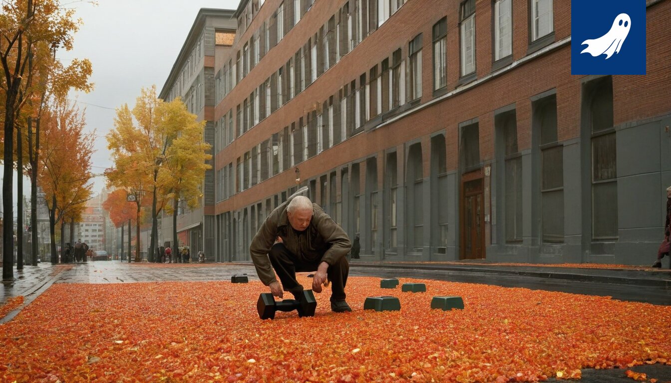 Sarjakuvamainen kuva lihaksikkaasta tamperelaisesta, joka suunnittelee kaupunkia palikoista.