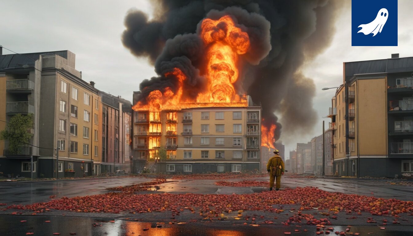 Savua nousee palaneesta omakotitalosta Jaarassa, satiirisen uutisartikkelin kuvitus.