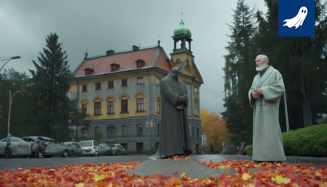 Betoninen patsas linnusta Hämeenkyrön keskustassa, symboloiden kunnan radikaalia betonipolitiikkaa.