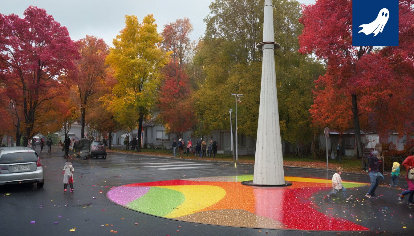 Neonväreissä pukeutuneita ihmisiä kulkee Tampereen Hämeenkadulla, taustalla sateenkaaren väreissä maalattu Näsinneula.