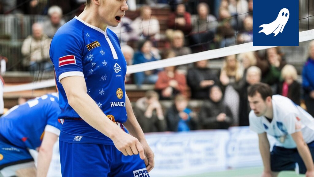 Akaa-Volleyn pelaajat poseeraavat voitonjuhlassa, taustalla vihjailevasti robottien osia.